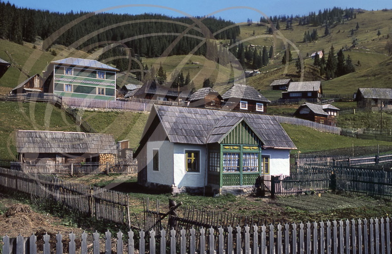 CIOCANESTI (Bucovine) : maisons décorées sur fond de montagnes