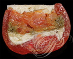 TOMATE à la MOZARELLA  (coupe : de bas en haut : crème fraîche et mozarella - tapenade et pesto - concassée de tomate avec ail, oignon, estragon et herbes de Provence - rondelle de mozarella