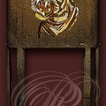 CAVE À CIGARES   - tête de tigre réalisée avec 541 pièces de marqueterie sur un fond de marqueterie de roseau