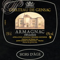 CONDOM - Domaine de GENSAC : étiquette "Armagnac" (Armagnac Tenarèze de terroir, hors d'âge, recolté exclusivement à la main, 100 % Ugni Blanc)