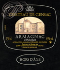 CONDOM - Domaine de GENSAC : étiquette "Armagnac" (Armagnac Tenarèze de terroir, hors d'âge, recolté exclusivement à la main, 100 % Ugni Blanc)