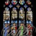 LECTOURE - Cathédrale Saint-Gervais et Saint-Protais : chapelle saint Clair : vitraux de 1857 représentant les deux saints patrons de la ville (saint Gervais et saint Protais) à droite - en arrière plan : une vue générale de Lectoure)