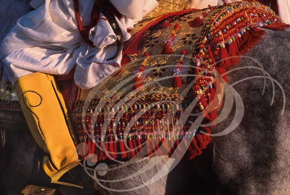 FANTASIA (Maroc) - vêtement du cavalier : botte en cuir brodé et tapis de selle brodé aux fils d'or      