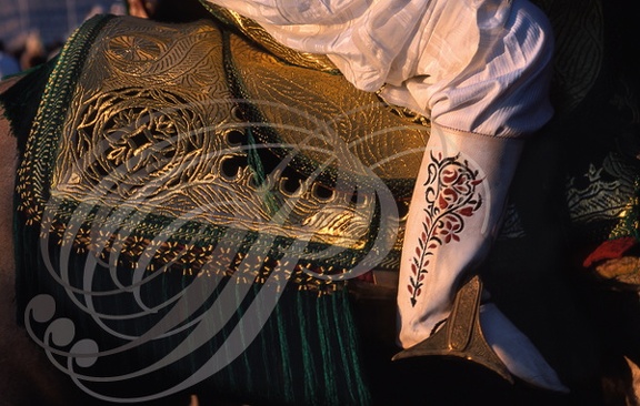 FANTASIA (Maroc) -  vêtement du cavalier : botte en cuir brodé et tapis de selle brodé aux fils d'or       