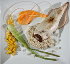 Encornet farci "façon Ernest" au boudin noir de porc ibérique sur un risotto à la poudre de morilles accompagné d une purée de butternut, de carottes jaunes et blanches au basilic et de cubes de topinambours ("Chez Ernest" à Montauban - 82)