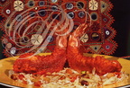 CHINGRI BAHAR (gambas au cumin et à l'ail) sur un lit de KASHMIRI PULAO (riz aux épices et fruits secs)