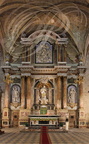 GRENADE - église Notre-Dame de l'Assomption : retable de l'école du sculpteur Marc Arcis (statues de saint Sebastien, de la Vierge et de saint Roch surplombées d'un bas relief de l'Assomption)