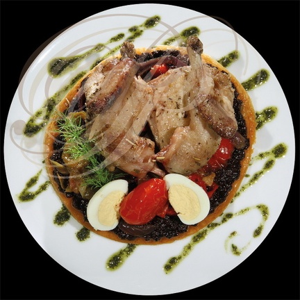 Tartelette de CAILLE rôtie au pesto d'olives noires (Restaurant du Pont à Ambialet - 81)