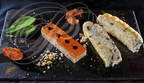 Pressé de FOIE GRAS de canard entier cuit au four, crèmes d'anchois et de piquillos, tartines de "focaccia" (pain italien aux olives) - (restaurant "Le Lautrec" à Albi - 81)
