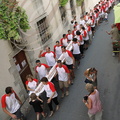 LAUTREC - fête de l'ail rose : concours de la plus longue manouille (le transport dans la rue du Mercadial)