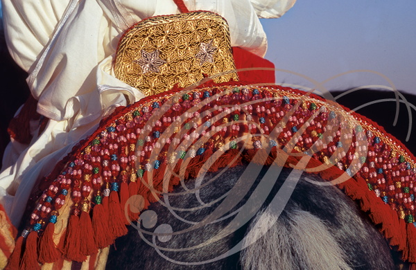 FANTASIA (Maroc) - harnachement : dossier de selle et tapis de selle brodés aux fils d'or