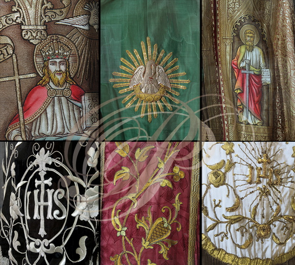 BEAULIEU-SUR-DORDOGNE - chapelle des Pénitents (XIIe siecle) : détails de broderies de vêtements sacerdotaux